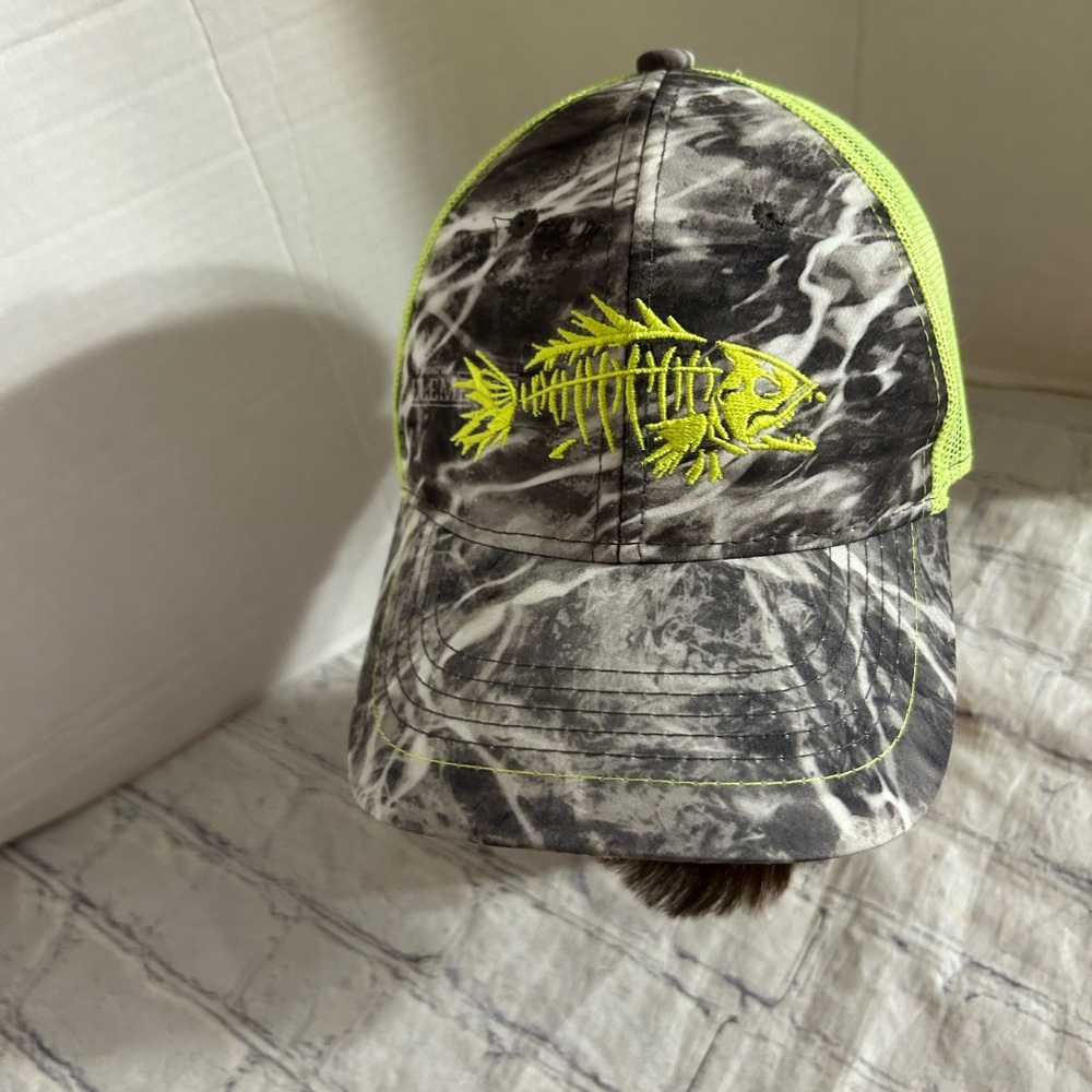 OUTDOOR CAP MOISTURE MANAGED CAMO GREY AND LIME GREEN FISH LOGO ADJUSTABLE CAP